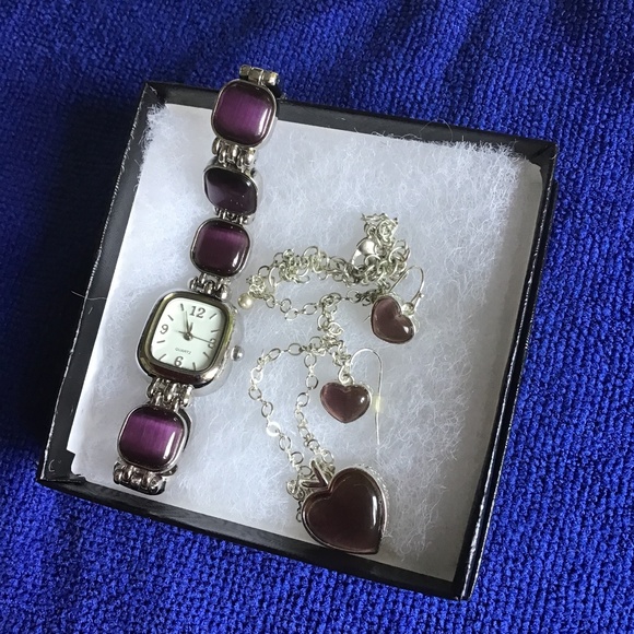 3-piece set: a watch, a necklace and a pair of earrings - amethyst & silver - Picture 1 of 7